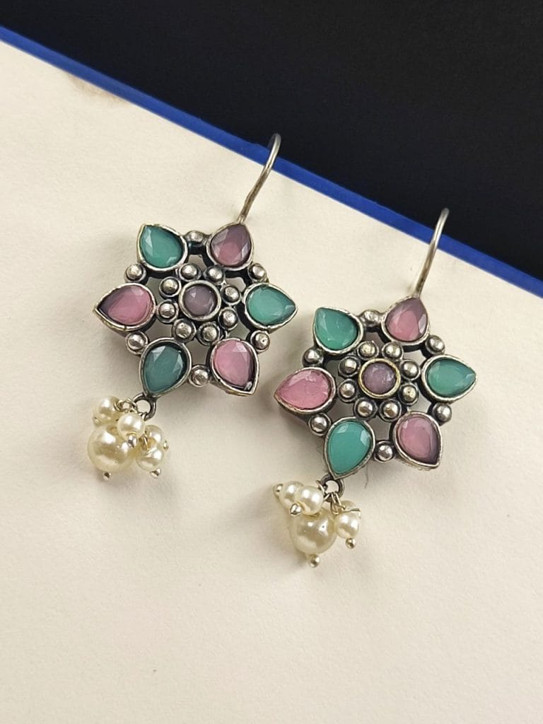 Bulk 518 Silver Look Like Oxidised Stone Stud Earrings For Girls - "Baby Pink Mint"