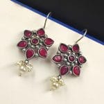 Silver Look Like Oxidised Stone Stud Earrings For Girls - "Pink"