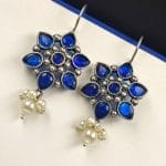 Silver Look Like Oxidised Stone Stud Earrings For Girls - "Blue"