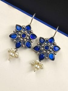 Silver Look Like Oxidised Stone Stud Earrings For Girls - Color: "Blue"