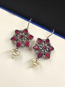 Silver Look Like Oxidised Stone Stud Earrings For Girls - Color: "Pink"