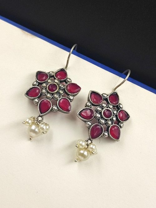 Silver-Look-Like-Oxidised-Stone-Stud-Earrings-For-Girls
