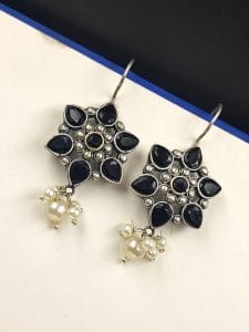 Silver Look Like Oxidised Stone Stud Earrings For Girls - Color: "Black"