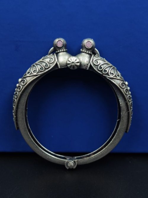 Peacock Kada Bangle - Traditional Silver Replica Openable Bracelet - Image 7