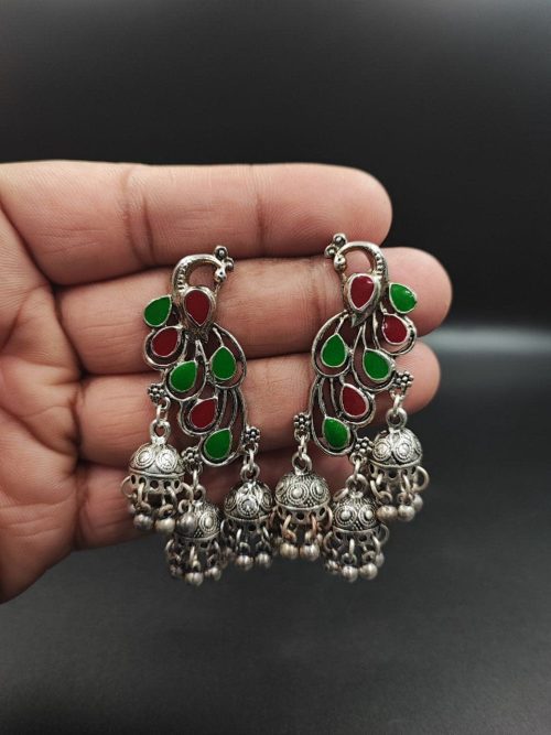 Oxidised-Peacock-Jhumki-Earrings-in-German-Silver