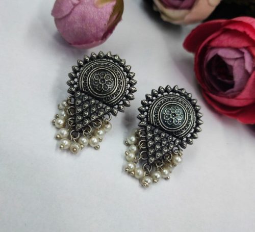 Silver-Replica-Stud-Earrings-Pearl-Work-Oxidised-Earring