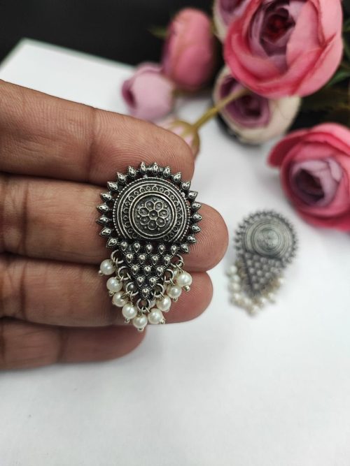 Silver-Replica-Stud-Earrings-Pearl-Work-Oxidised-Earring