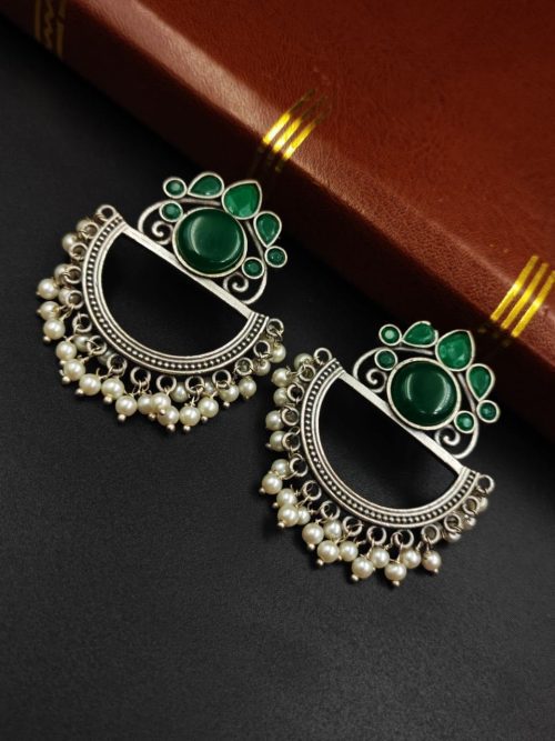 Elegant Oxidised Silver Look aLike Jewelry | Chandbali Earrings | Monalisa Stone Earring - Image 8