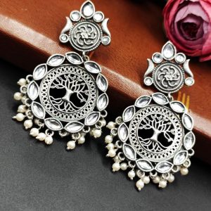 Designer-Tree-Earrings-In-Oxidized-Silver-Replica-Polish-For-Girls