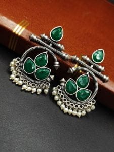 Designer Oxidised Silver Look aLike Unique Dangler Earrings - Color: "Green"