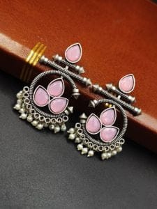 Designer Oxidised Silver Look aLike Unique Dangler Earrings - Color: "Baby Pink"
