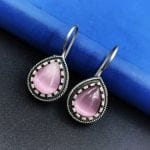 Premium Quality Silver Replica Monalisa Stone Hook Earrings - "Babypink"