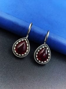 Premium Quality Silver Replica Monalisa Stone Hook Earrings - Color: "Red"