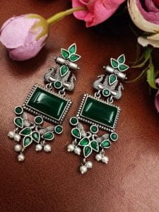 Adorable Peacock Earrings - Silver Replica Monalisa Stone Dangler Earring - Color: "Green"