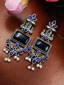 Adorable Peacock Earrings - Silver Replica Monalisa Stone Dangler Earring - Color: "Blue"