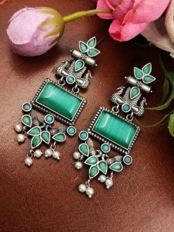 Peacock Earrings - Silver Replica Monalisa Stone Dangler Earring