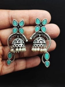 Unique Oxidised Jhumki Earring | Silver Look aLike Jhumka - Color: "Mint"