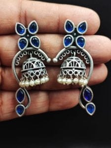 Unique Oxidised Jhumki Earring | Silver Look aLike Jhumka - Color: "Blue"