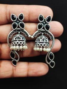 Unique Oxidised Jhumki Earring | Silver Look aLike Jhumka - Color: "Black"