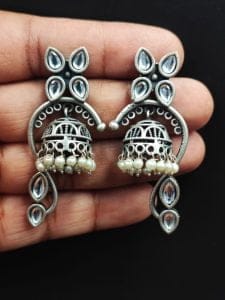 Unique Oxidised Jhumki Earring | Silver Look aLike Jhumka - Color: "White"