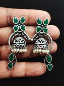 Unique Oxidised Jhumki Earring | Silver Look aLike Jhumka - Color: "Green"