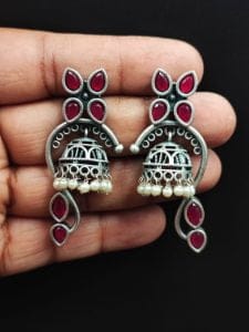 Unique Oxidised Jhumki Earring | Silver Look aLike Jhumka - Color: "Pink"