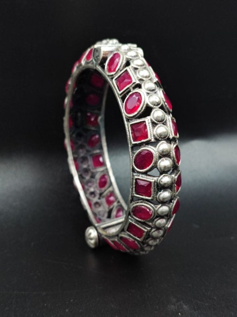 Silver Look Like Stone Work Kada | Traditional Openable Bracelet