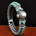 Stone Work Oxidised Silver Replica Bangles | Free Size Openable Bracelet - "Mint"