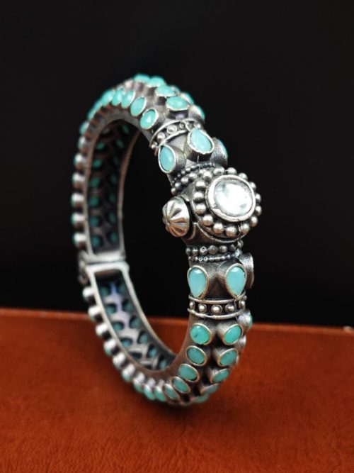 Stone-Work-Oxidised-Silver-Replica-Bangles-Free-Size-Openable-Bracelet