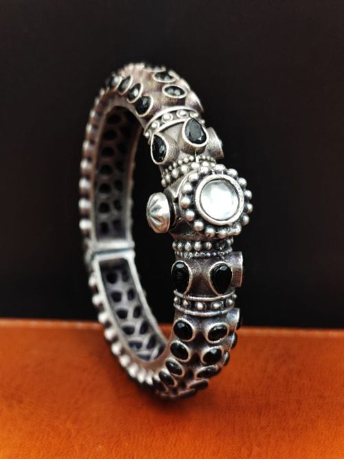 Stone-Work-Oxidised-Silver-Replica-Bangles-Free-Size-Openable-Bracelet