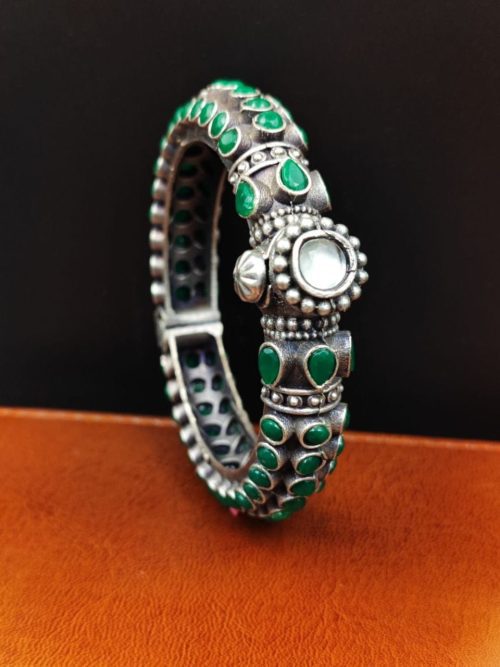 Stone-Work-Oxidised-Silver-Replica-Bangles-Free-Size-Openable-Bracelet