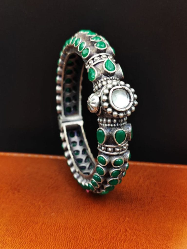 Stone Work Oxidised Silver Replica Bangles | Free Size Openable Bracelet