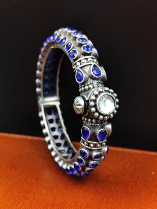 Stone-Work-Oxidised-Silver-Replica-Bangles-Free-Size-Openable-Bracelet