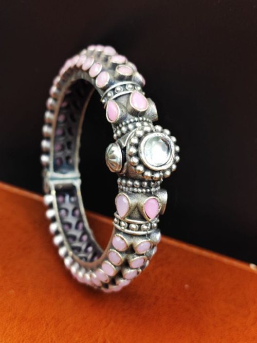 Stone-Work-Oxidised-Silver-Replica-Bangles-Free-Size-Openable-Bracelet