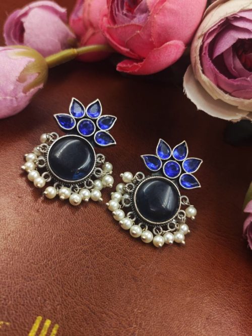 Oxidized-Silver-Replica-Monalisa-Stone-Stud-Earrings