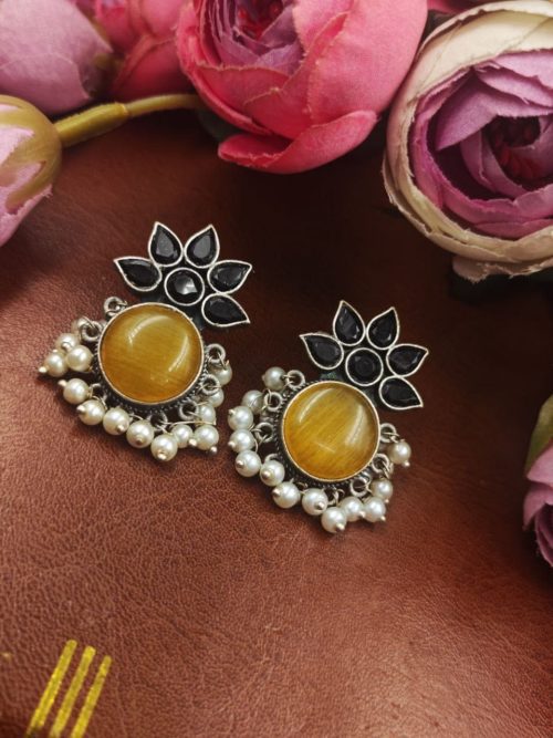Oxidized-Silver-Replica-Monalisa-Stone-Stud-Earrings
