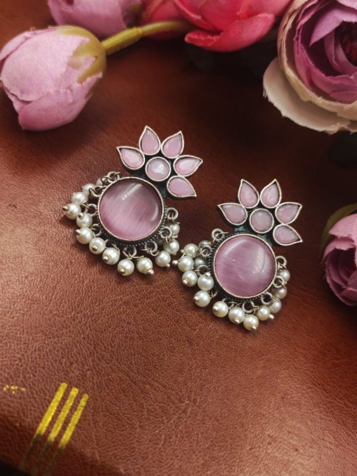 Oxidized-Silver-Replica-Monalisa-Stone-Stud-Earrings