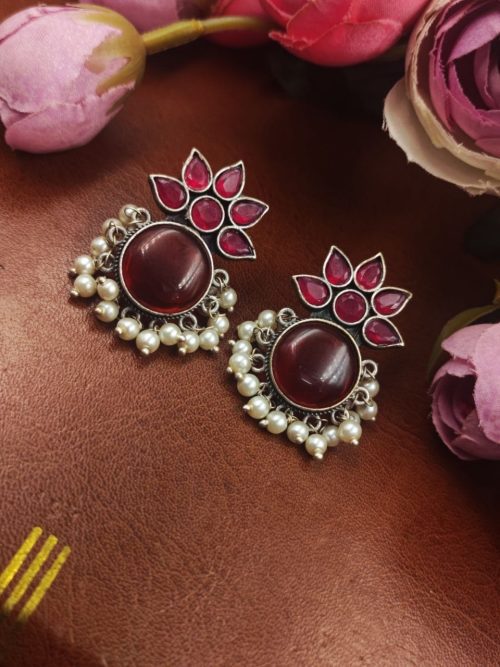 Oxidized-Silver-Replica-Monalisa-Stone-Stud-Earrings