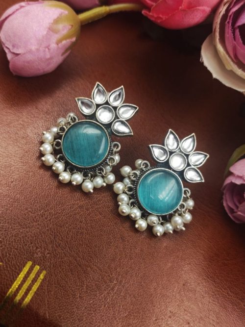 Oxidized-Silver-Replica-Monalisa-Stone-Stud-Earrings