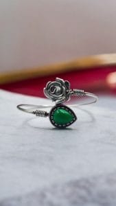 Oxidised Silver Look Like Flower Bracelet with Monalisa Stone Work - Color: "Green"