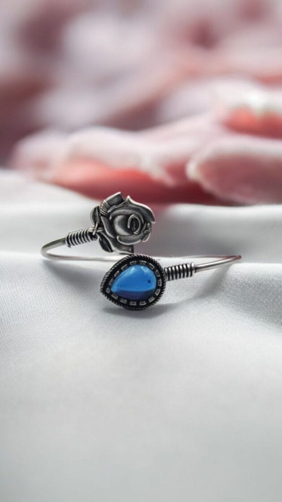 Bulk 478 Oxidised Silver Look Like Flower Bracelet with Monalisa Stone Work - "Blue"