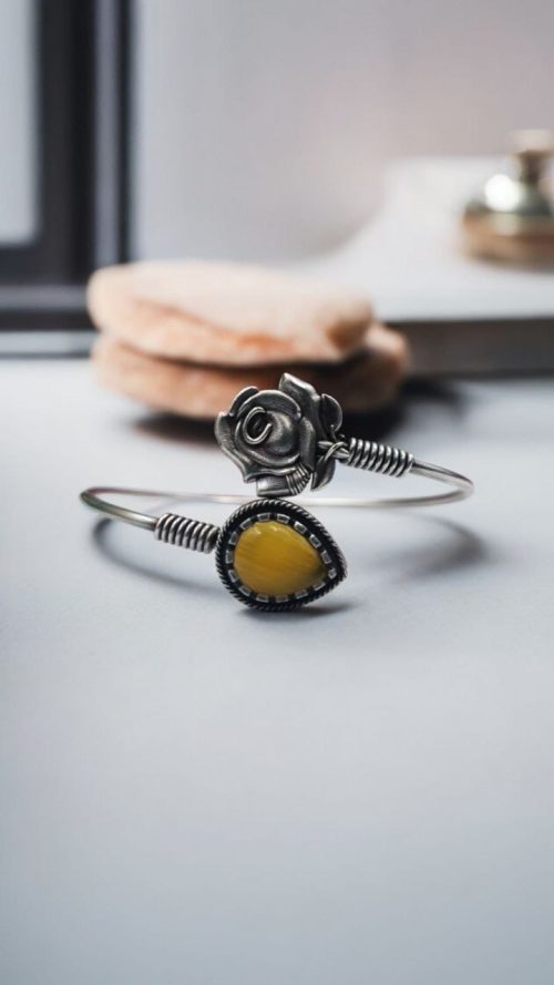 Oxidised Silver Look Like Flower Bracelet with Monalisa Stone Work