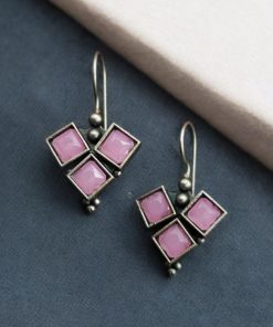 Oxidised Stone Hook Earrings - Daily Wear Silver look alike Earrings