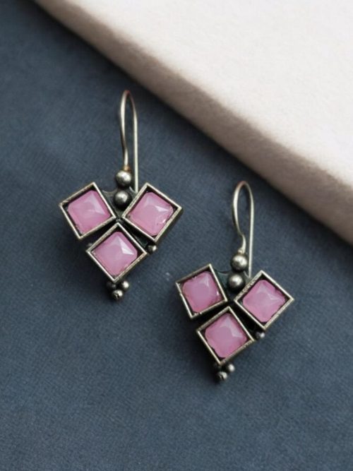 Oxidised Stone Hook Earrings - Daily Wear Silver look alike Earrings