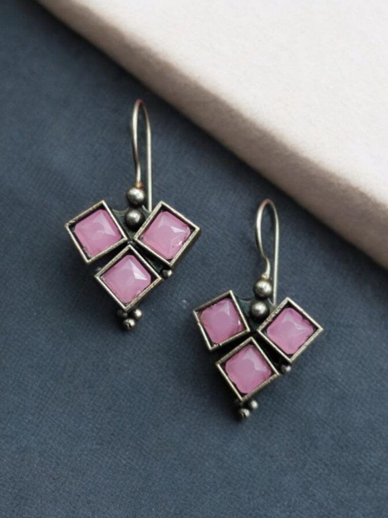 Bulk 494 Oxidised Stone Hook Earrings - Best Daily Wear Silver look alike - "Baby Pink"