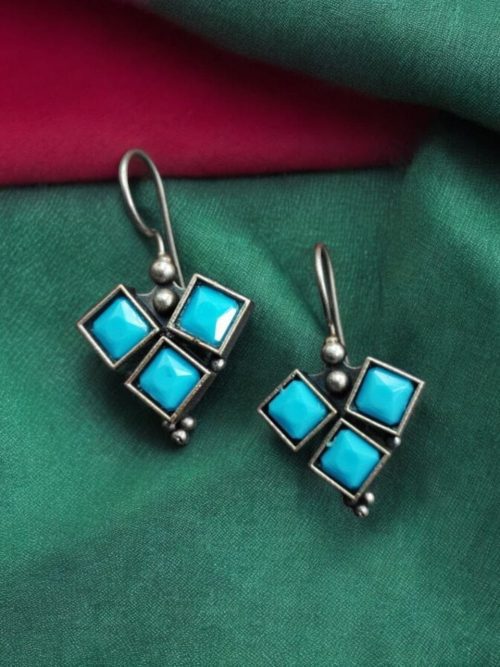 Oxidised Stone Hook Earrings - Daily Wear Silver look alike Earrings