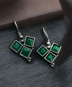 Oxidised Stone Hook Earrings - Daily Wear Silver look alike Earrings