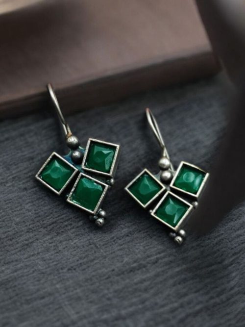 Oxidised Stone Hook Earrings - Daily Wear Silver look alike Earrings