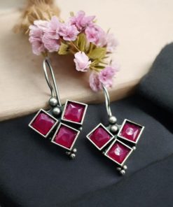 Oxidised Stone Hook Earrings - Daily Wear Silver look alike Earrings
