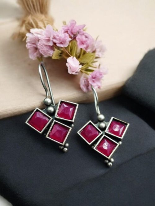 Oxidised Stone Hook Earrings - Daily Wear Silver look alike Earrings